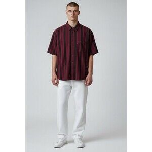 Javolis Short Sleeve Mens XL Heavy Cotton Twill Shirt Red/black Stripped Button